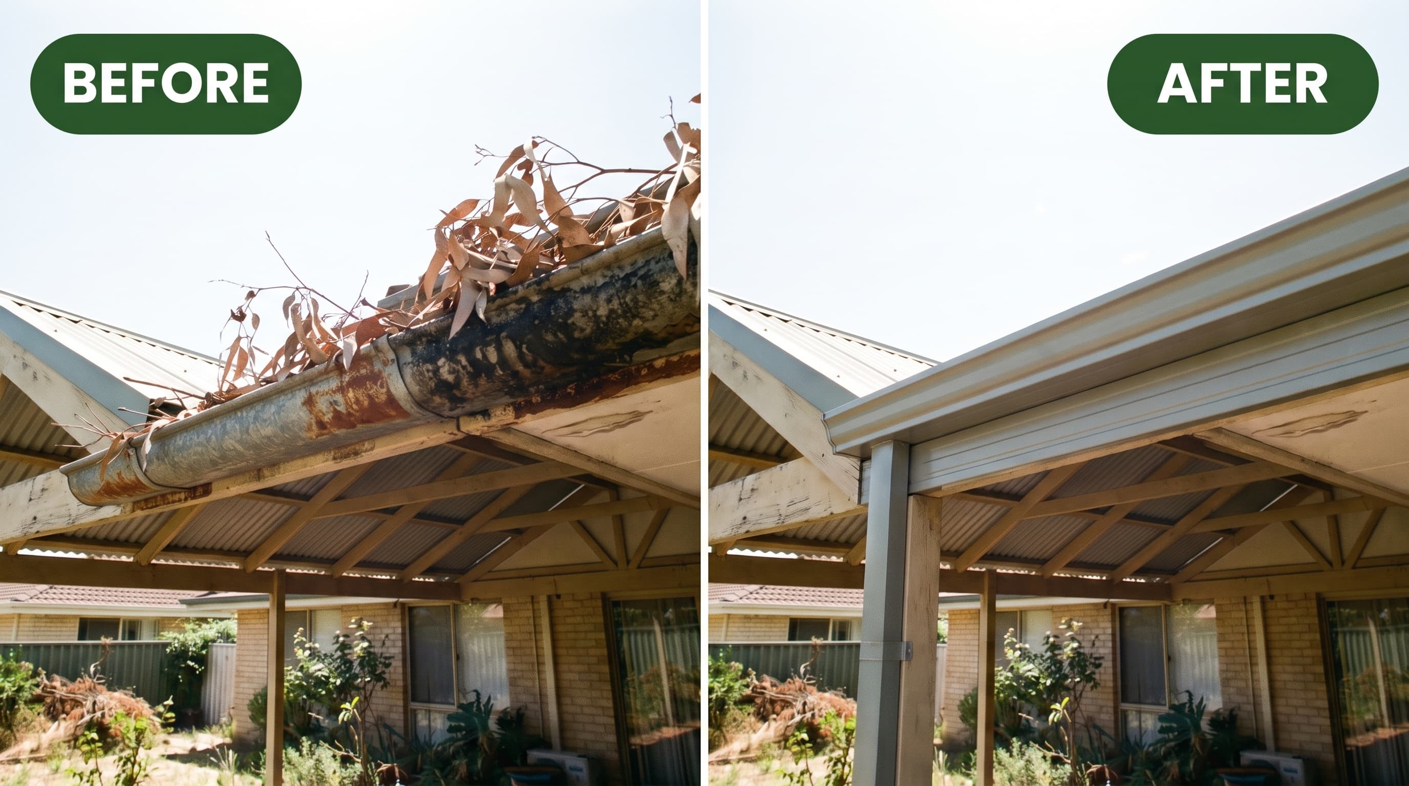 Before and after of rusted gutter replaced with new Colorbond gutter and downpipe installation in Perth