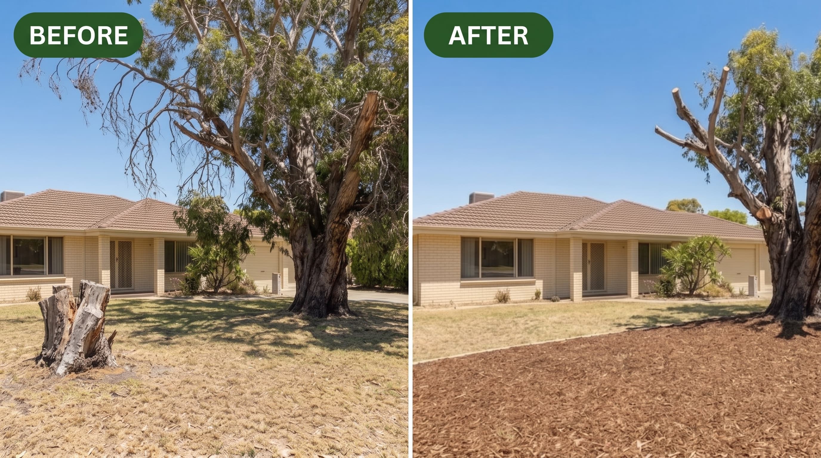 Before and after of tree lopping and stump grinding work at a Perth residential property